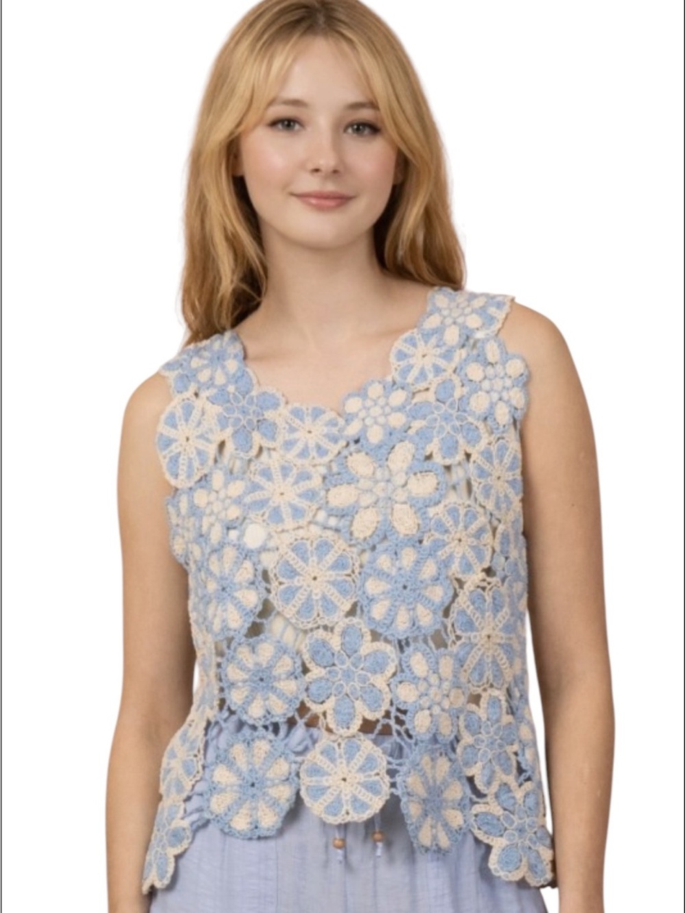 Crochet Floral Lace Sleeveless Top - Light Blue & Cream